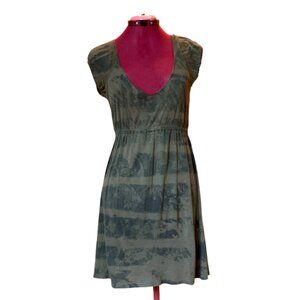Olive Green Patterned Deep V-Neck Dress - Large